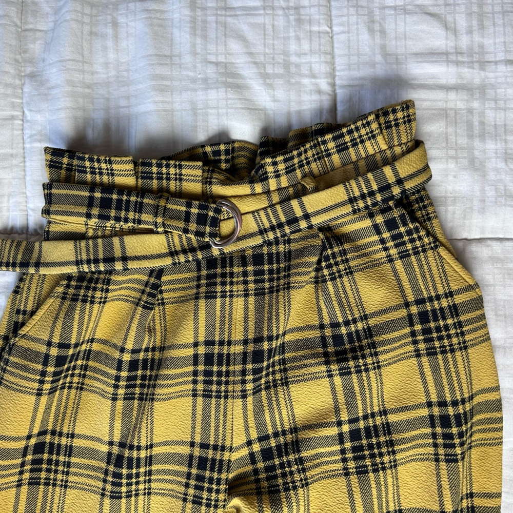 Black and gold plaid, stretchy work pants